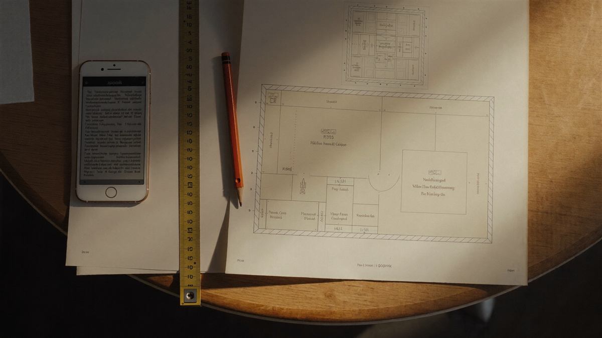 Floor plans, tape measure and phone on a warm oak desk