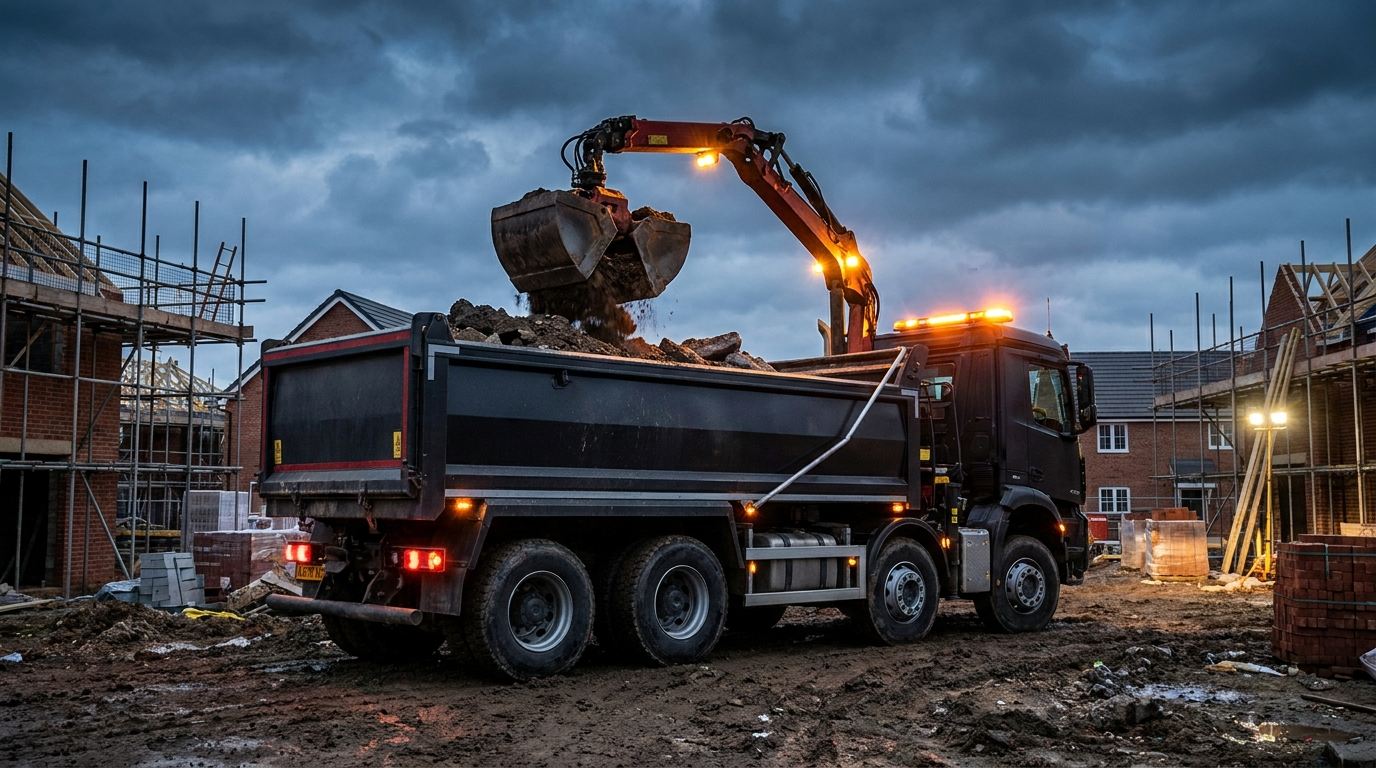 Grab lorry loading muck away against a dark sky